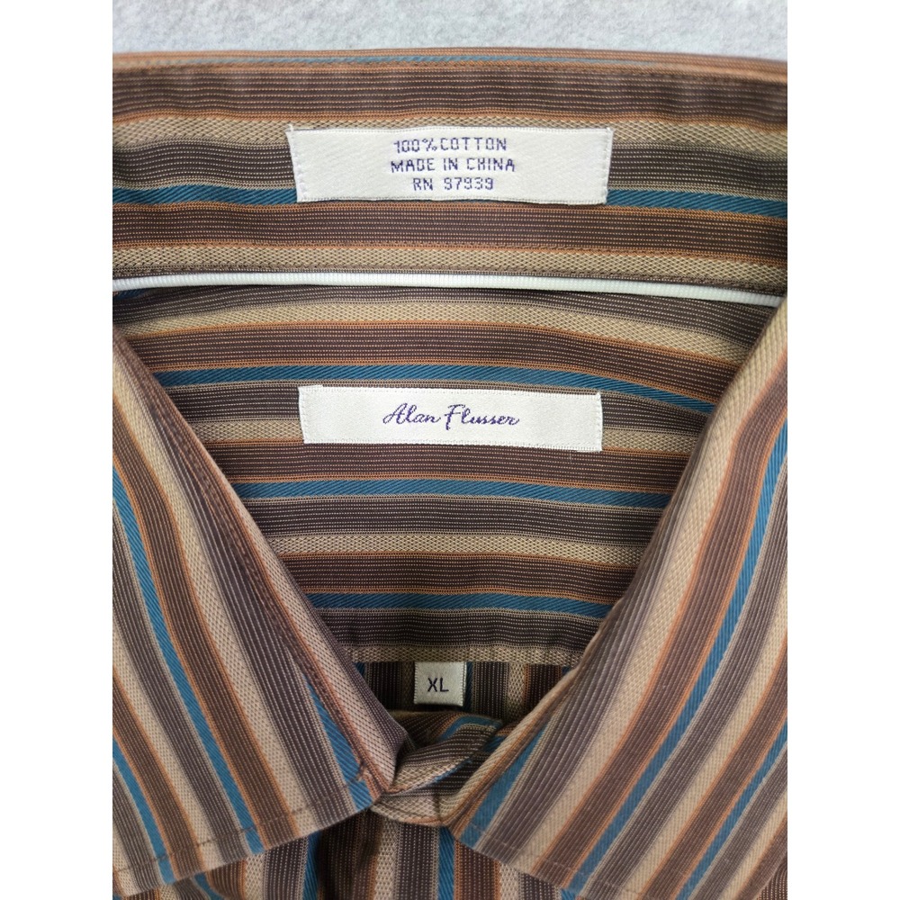 Alan Flusser Mens XL Button Down Shirt Brown Blue Stripe 100% Cotton Long Sleeve